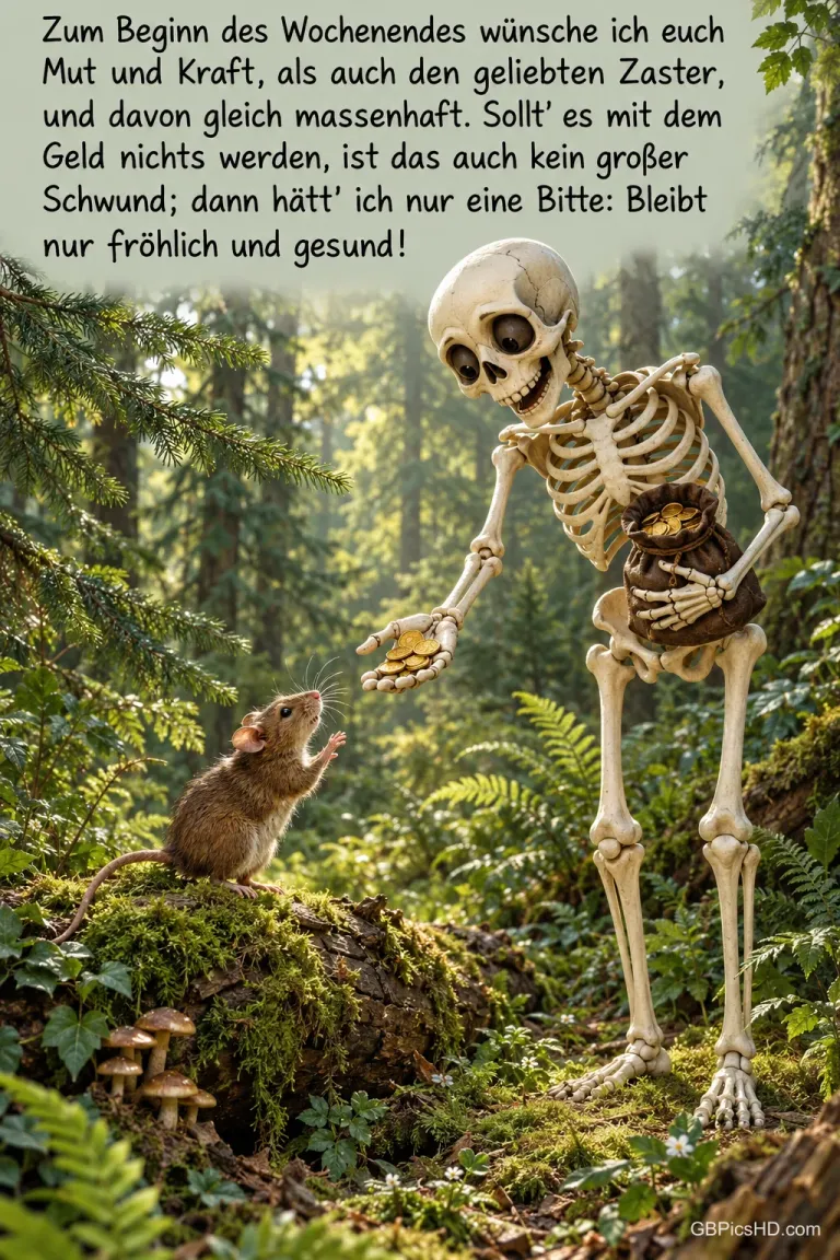 Ein Skelett hält einer Maus im moosigen Wald Münzen hin, darüber steht "Bleibt nur fröhlich und gesund!".