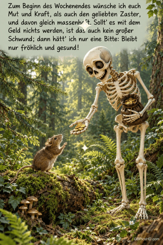 Ein Skelett hält einer Maus im moosigen Wald Münzen hin, darüber steht "Bleibt nur fröhlich und gesund!".