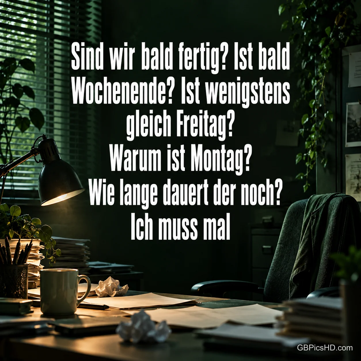 Auf einem dunklen Schreibtisch liegen Papiere neben einer Tasse und einer Lampe unter "Ist bald Wochenende?".