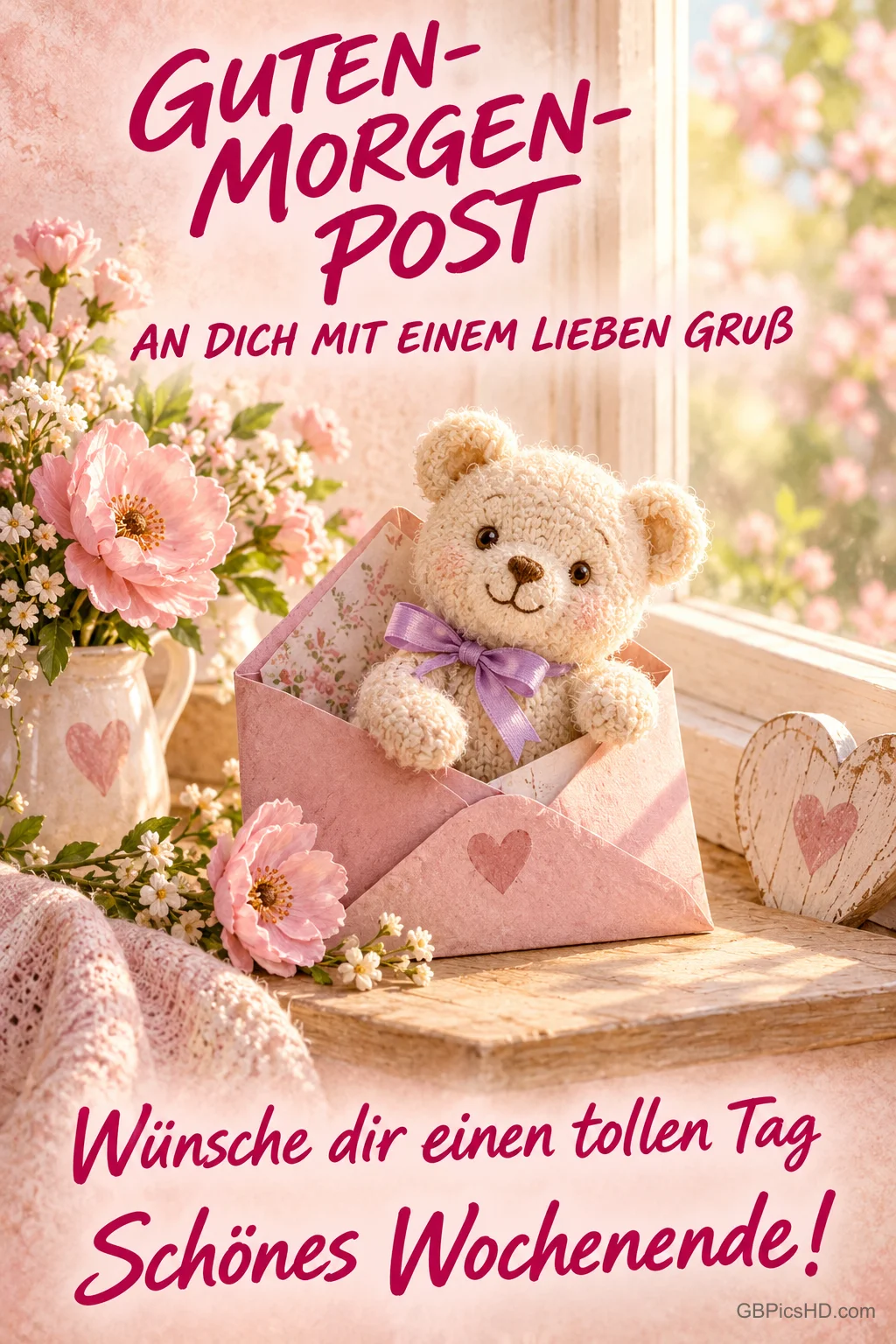 Ein Teddybär mit lila Schleife sitzt in einem rosa Umschlag am blumengeschmückten Fenster zu "Schönes Wochenende!".