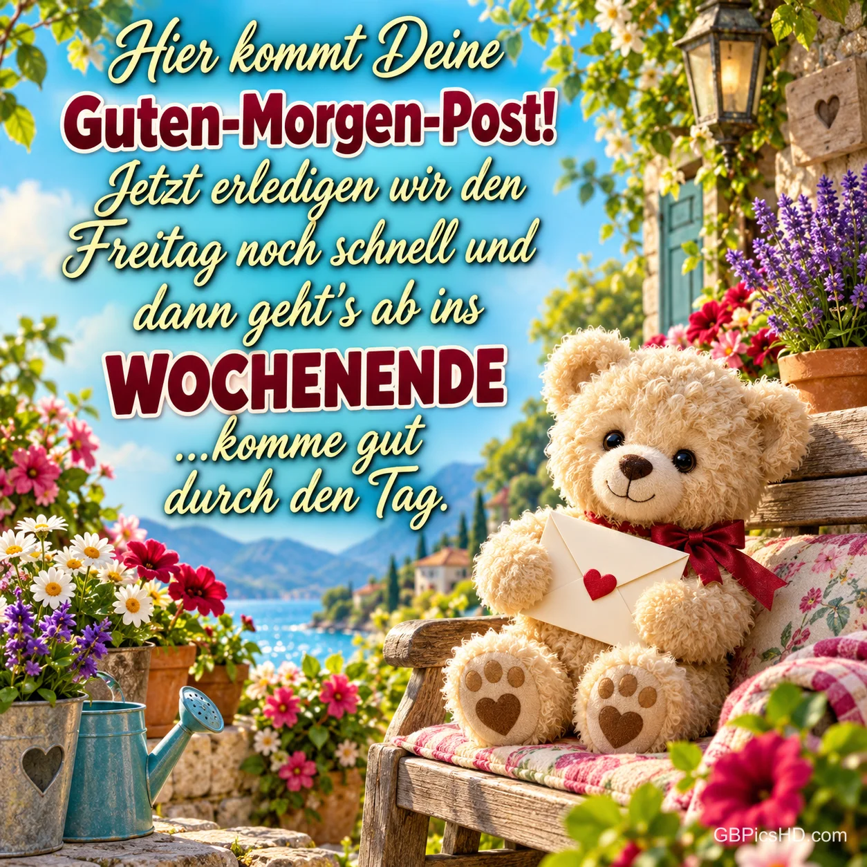 Ein Teddybär hält auf einer Gartenbank einen Umschlag mit rotem Herz neben Blumen und "Guten-Morgen-Post!".