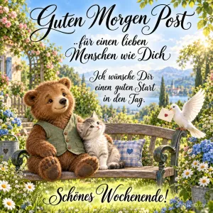 Ein Teddybär und ein Kätzchen sitzen auf einer Gartenbank, daneben trägt eine Taube einen Brief; darunter steht "Schönes Wochenende!".