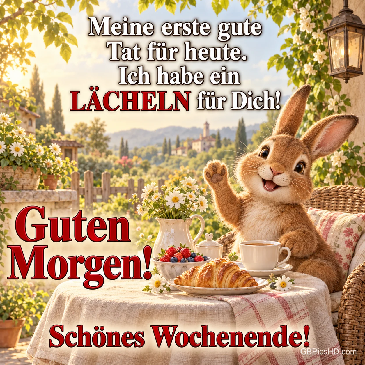 Ein Hase am Frühstückstisch: "Meine erste gute Tat für heute. Ich habe ein LÄCHELN für Dich! Guten Morgen! Schönes Wochenende!".