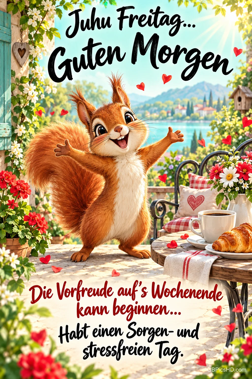 Ein fröhliches Eichhörnchen breitet auf einer blühenden Terrasse neben Kaffee und Croissant die Arme aus; oben steht "Guten Morgen".