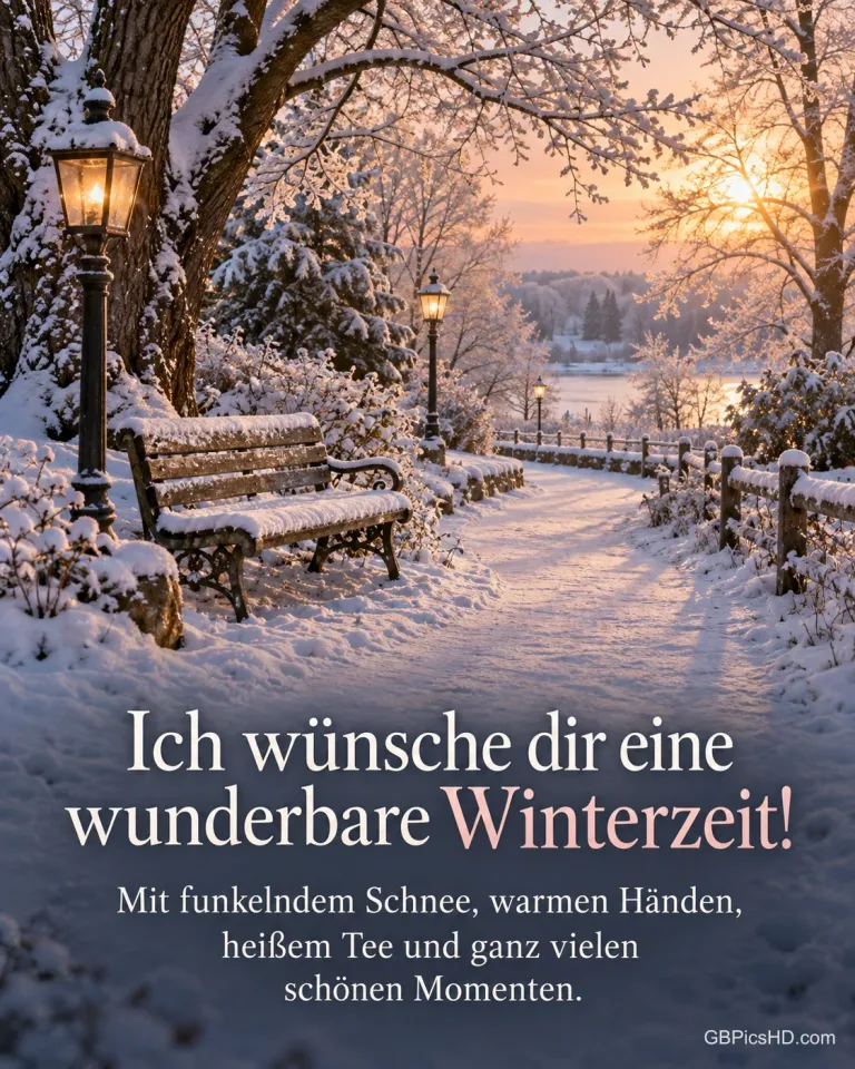 Ein verschneiter Parkweg mit Holzbank und Laternen, die tiefe Wintersonne leuchtet rosa und golden durch bereifte Bäume, dazu "Ich wünsche dir eine wunderbare Winterzeit!".