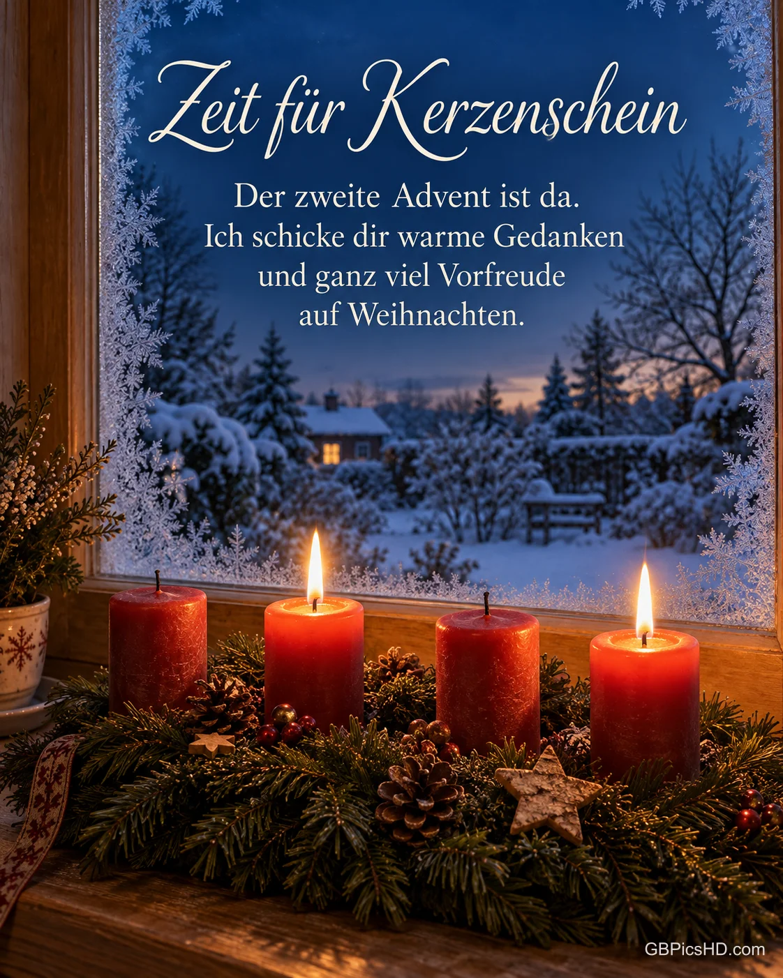 Ein Adventskranz mit zwei brennenden Kerzen auf der Fensterbank vor einem bereiften Fenster in der Abenddämmerung, dazu "Zeit für Kerzenschein".