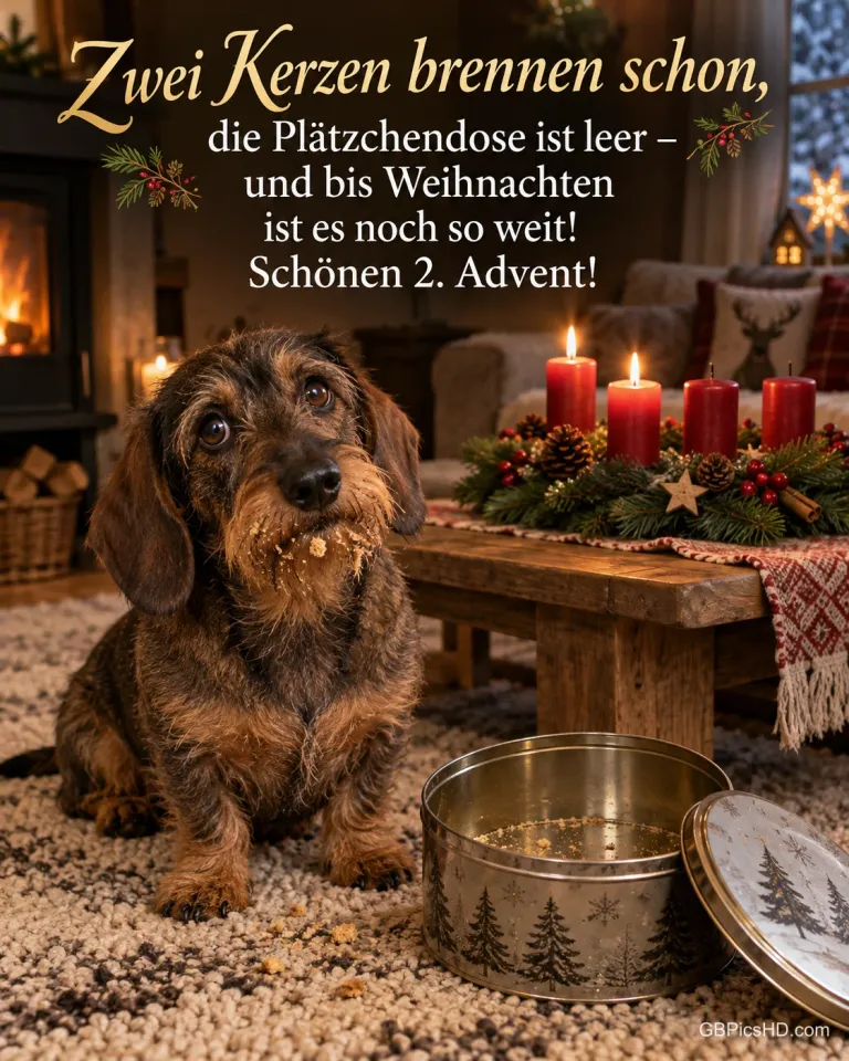 Ein Rauhaardackel mit Krümeln im Bart sitzt unschuldig neben einer leeren Plätzchendose, auf dem Tisch brennen zwei Kerzen am Adventskranz, dazu "Zwei Kerzen brennen schon".