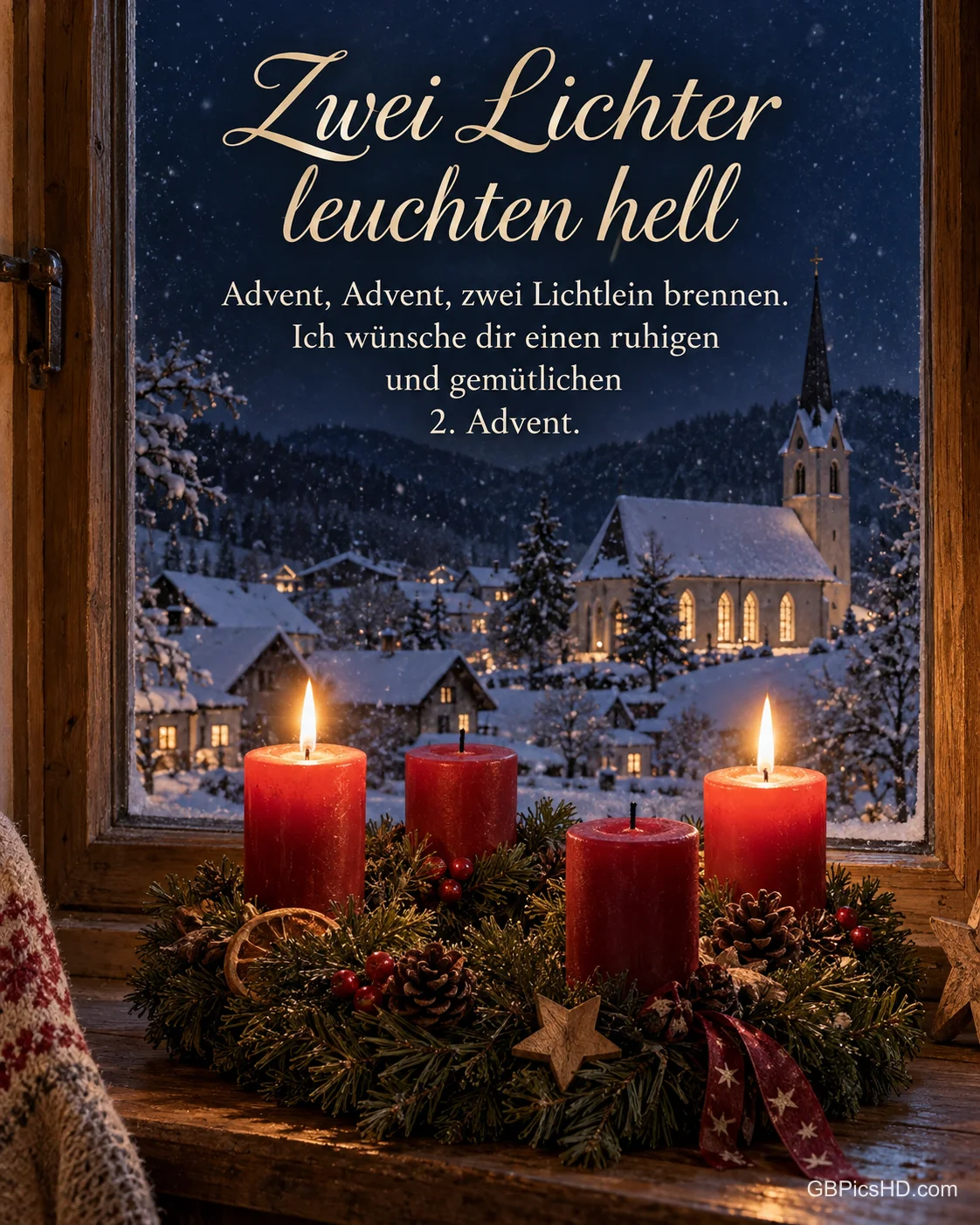 Ein Adventskranz mit zwei brennenden Kerzen auf der Fensterbank, draußen eine verschneite Dorfkirche bei Nacht, dazu "Zwei Lichter leuchten hell".