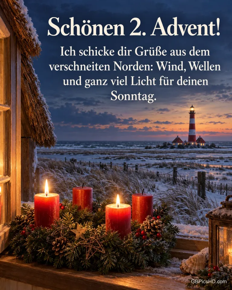 Der Leuchtturm Westerhever in der verschneiten Salzwiese in der Dämmerung, vorn auf der Fensterbank brennen zwei Kerzen am Adventskranz, dazu „Schönen 2. Advent!“.