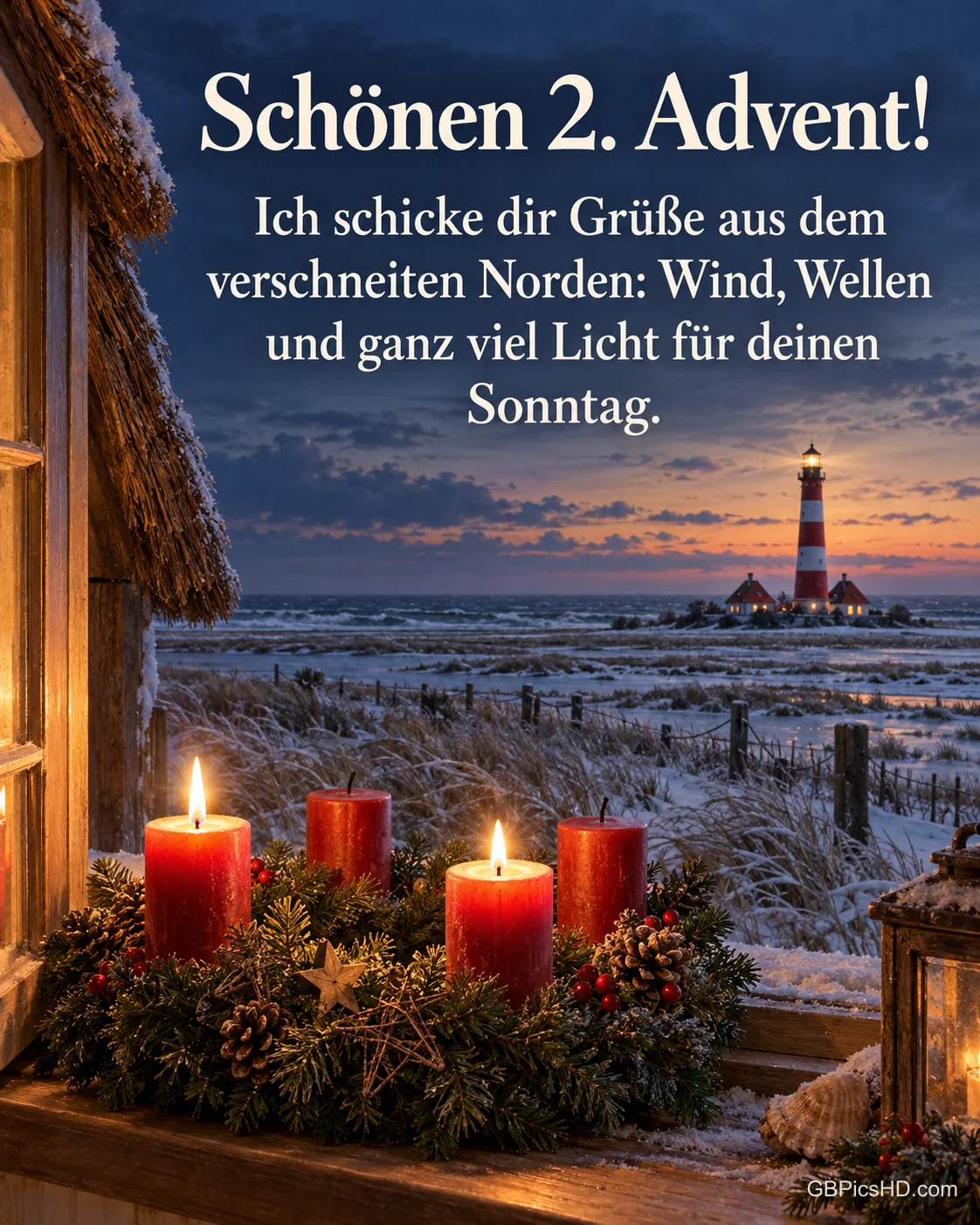 Der Leuchtturm Westerhever in der verschneiten Salzwiese in der Dämmerung, vorn auf der Fensterbank brennen zwei Kerzen am Adventskranz, dazu „Schönen 2. Advent!“.