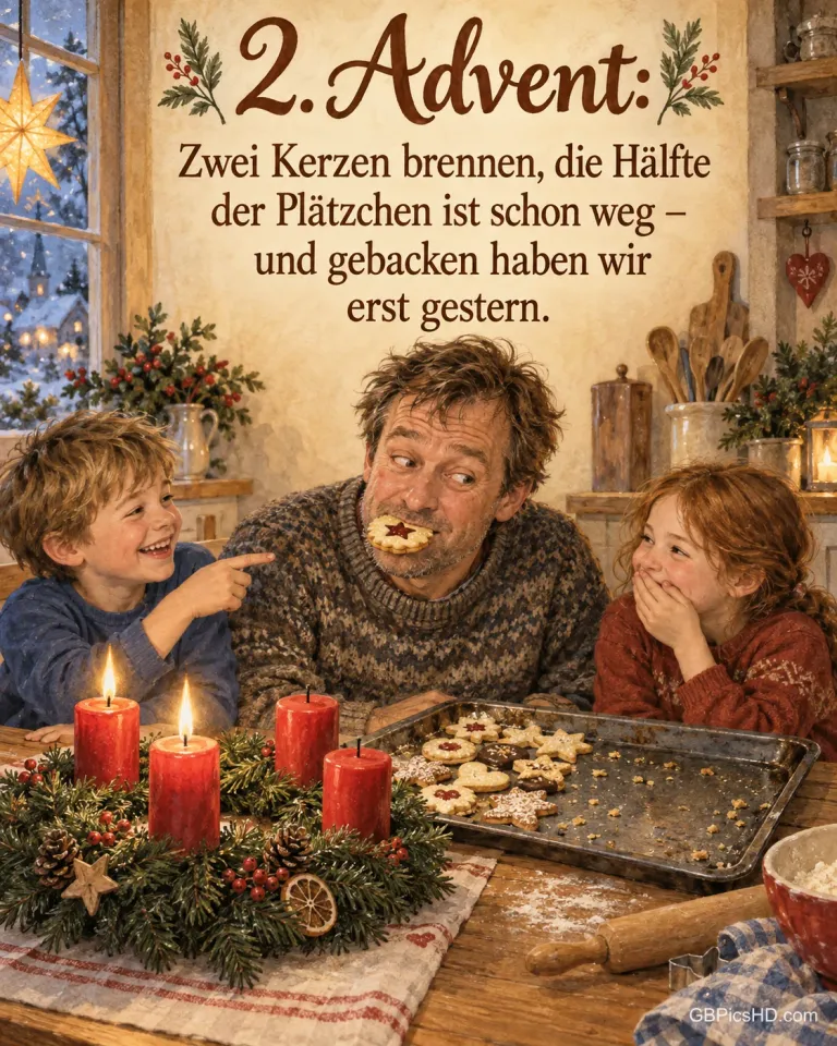 Ein Vater hat ein ganzes Plätzchen im Mund, seine zwei Kinder lachen ihn aus, auf dem Küchentisch brennen zwei Kerzen am Adventskranz, dazu „2. Advent“.
