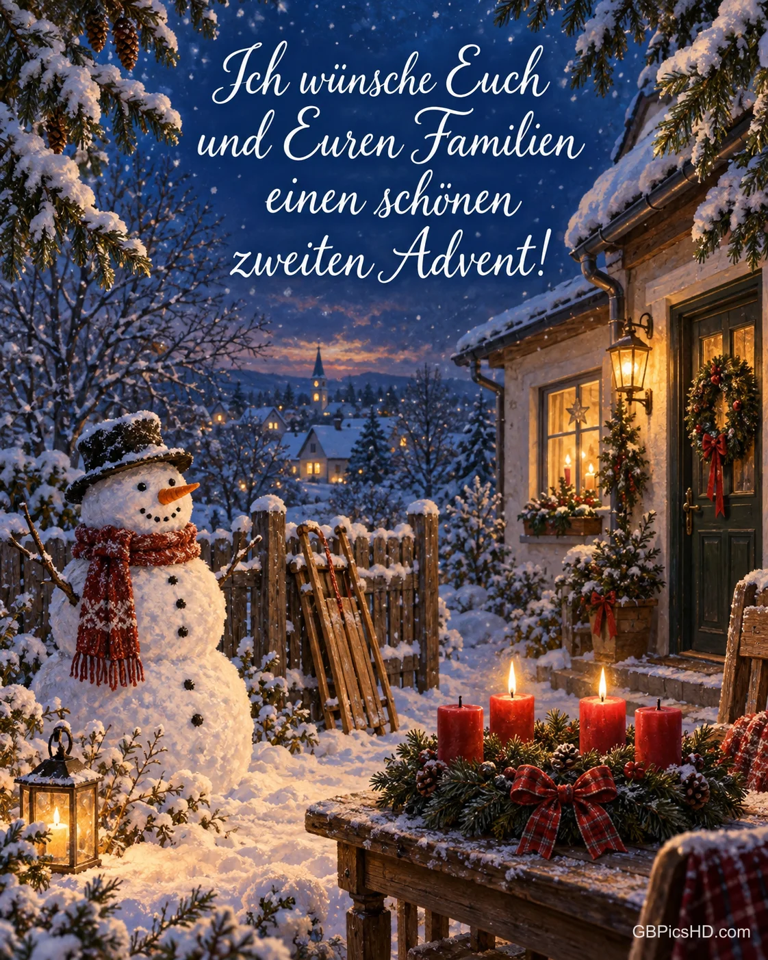 Ein Schneemann vor einem Familienhaus, ein Schlitten lehnt am Zaun, auf dem Verandatisch brennen zwei Kerzen am Adventskranz, dazu „Ich wünsche Euch und Euren Familien einen schönen zweiten Advent!“.