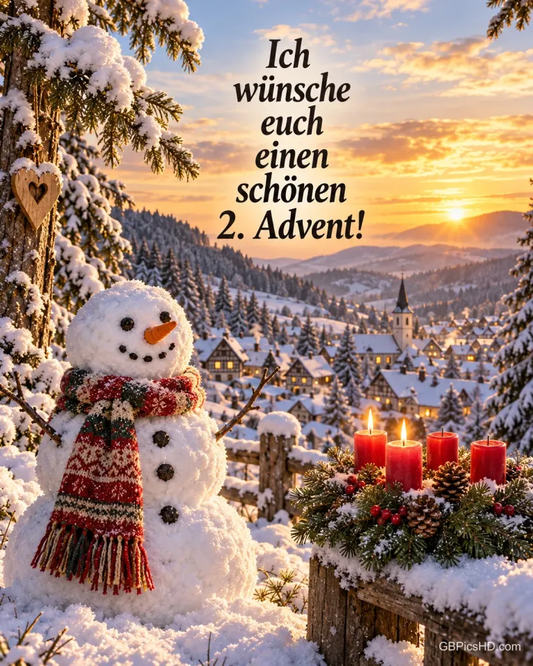 Ein Schneemann mit Strickschal über einem Schwarzwalddorf im Sonnenuntergang, auf einem Zaunpfosten brennen zwei Kerzen am Adventskranz, dazu „Ich wünsche euch einen schönen 2. Advent!“.