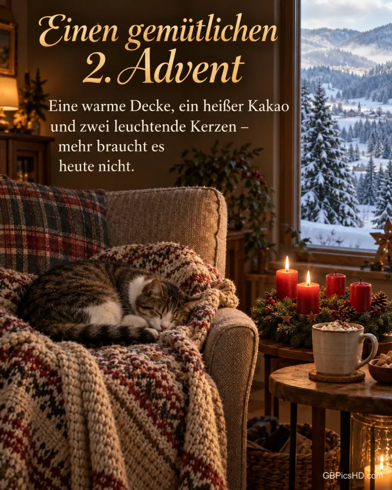 Ein Sessel mit Strickdecke und schlafender Katze am Fenster, daneben Kakao und ein Adventskranz mit zwei brennenden Kerzen, draußen ein verschneites Schwarzwaldtal, dazu „Einen gemütlichen 2. Advent“.