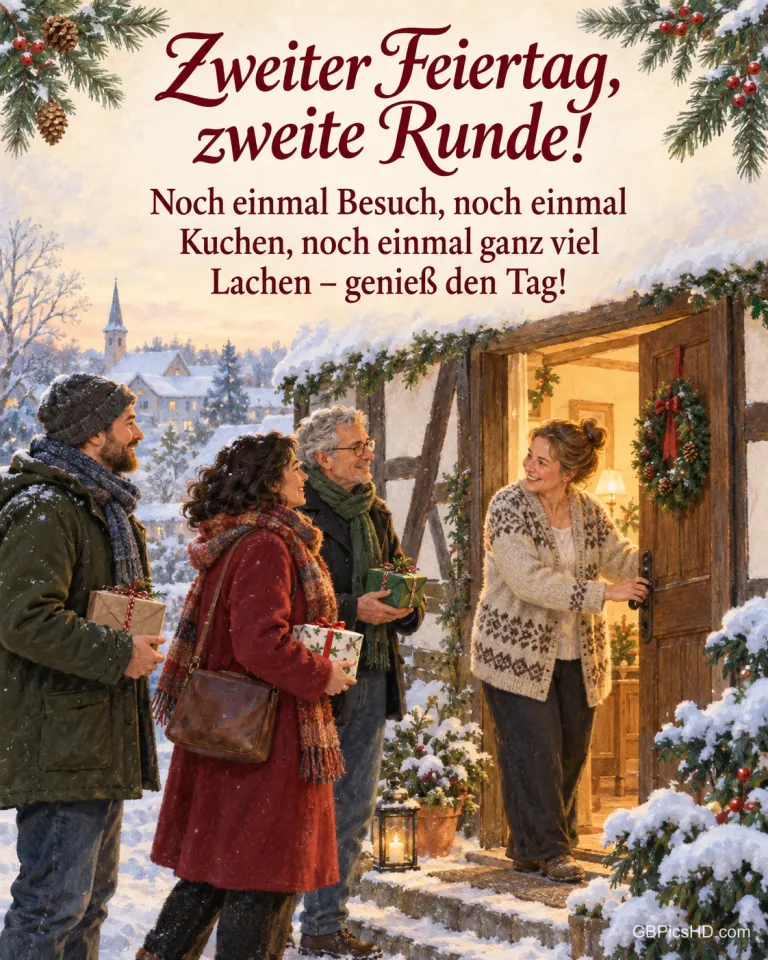 Freunde kommen mit kleinen Geschenken an eine verschneite Haustür, die Gastgeberin öffnet, alle lächeln sich an, dazu „Zweiter Feiertag, zweite Runde!“.