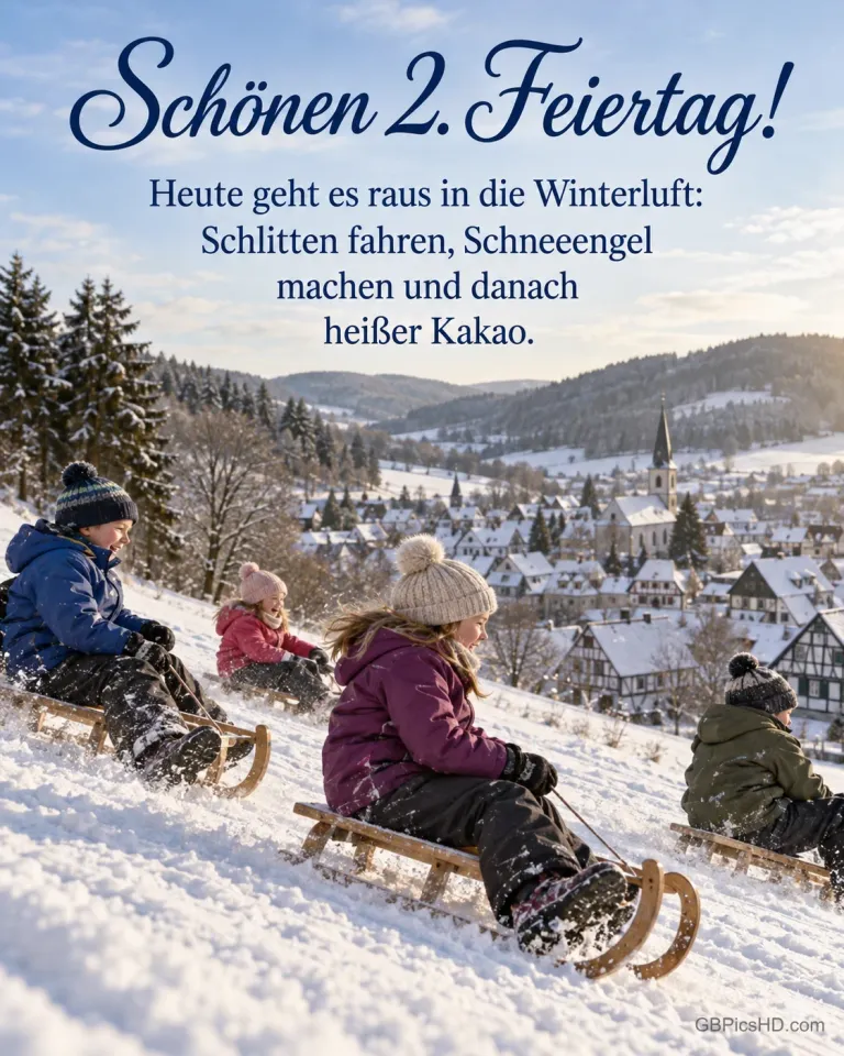 Kinder fahren Schlitten einen verschneiten Hang im Sauerland hinunter, unten liegt ein Dorf, dazu „Schönen 2. Feiertag!“.