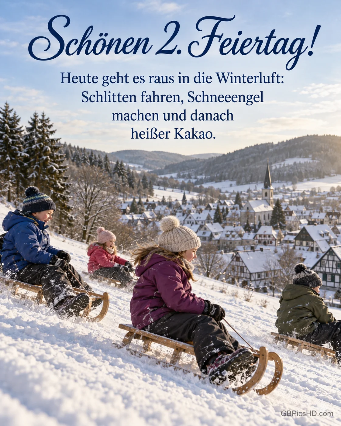Kinder fahren Schlitten einen verschneiten Hang im Sauerland hinunter, unten liegt ein Dorf, dazu „Schönen 2. Feiertag!“.