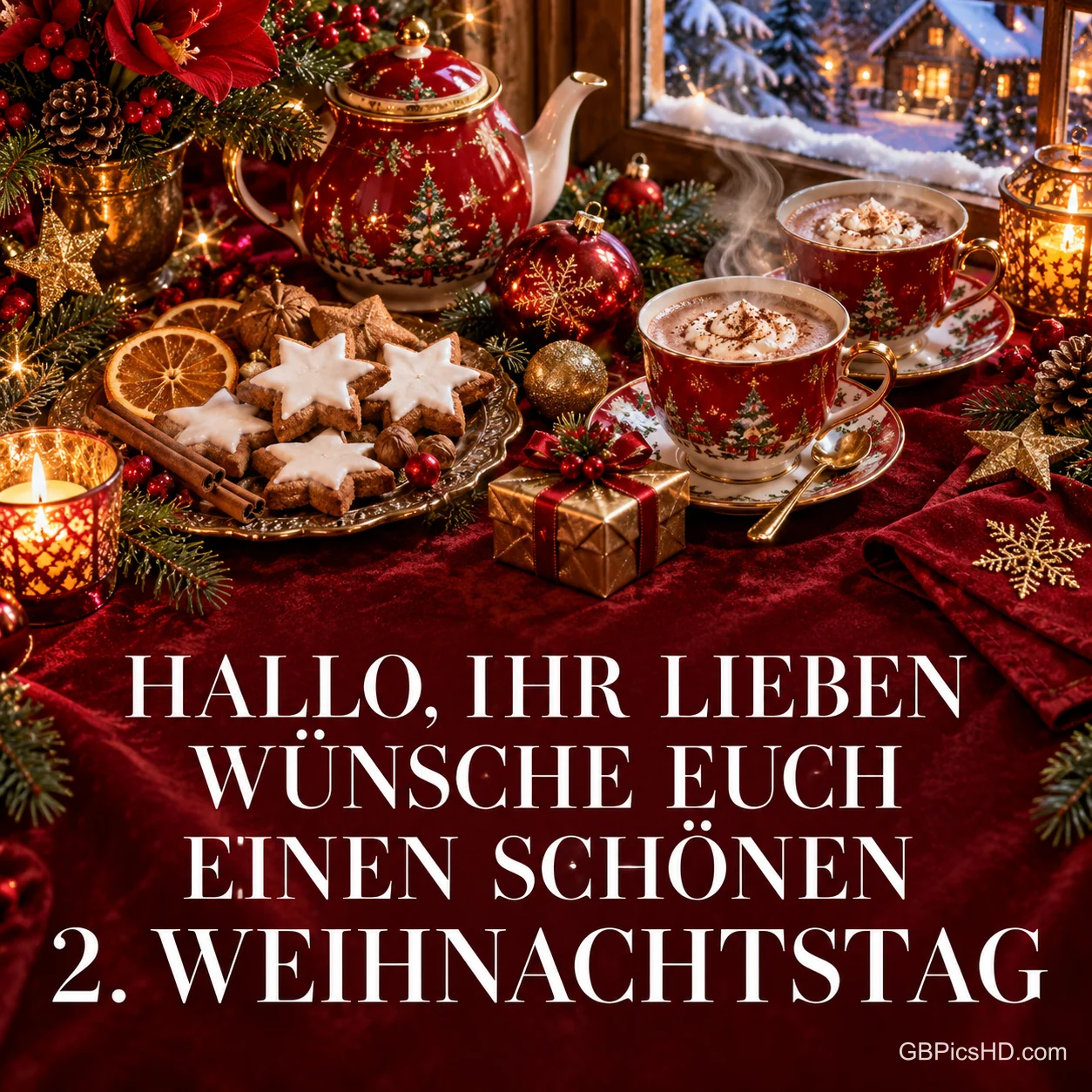 Rote Tassen und eine Teekanne stehen mit Keksen auf einem Festtisch über dem Wunsch "EINEN SCHÖNEN 2. WEIHNACHTSTAG".