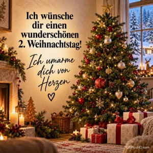 Festlich geschmückter Weihnachtsbaum mit Geschenken in einem warmen Wohnzimmer mit Kamin und Fenster, daneben eine herzliche Umarmung zum zweiten Weihnachtstag