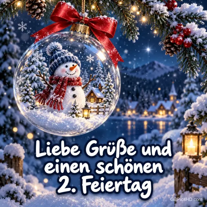 Gläserne Christbaumkugel mit roter Schleife zeigt einen Schneemann mit Schal vor einer verschneiten Nachtlandschaft mit Dorf, See und Laterne