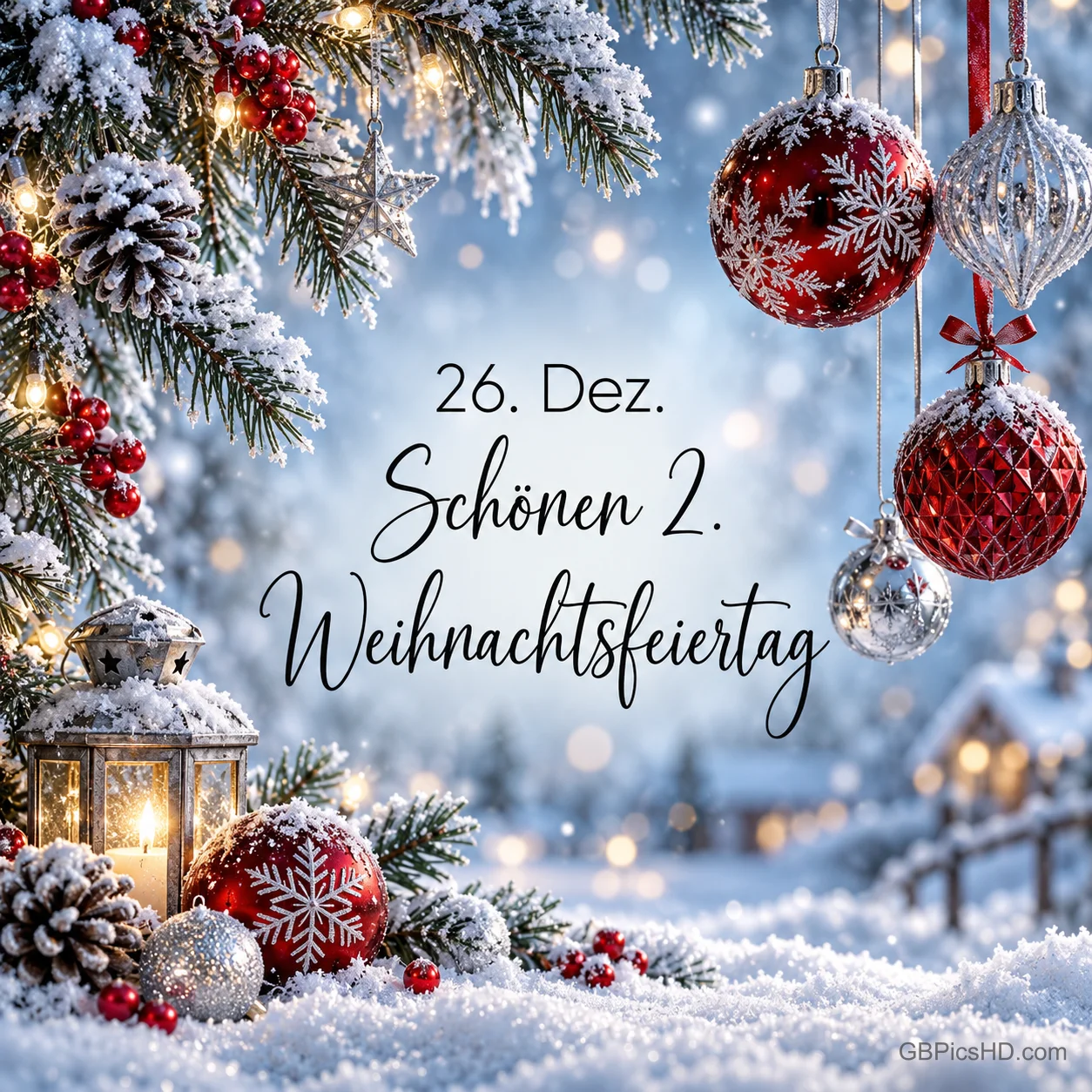 Verschneite Tannenzweige, rote und silberne Kugeln, Zapfen und Laterne rahmen einen eleganten Schriftzug mit Datum zum zweiten Weihnachtsfeiertag
