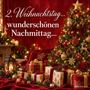 Leuchtender Weihnachtsbaum mit goldenem Stern, Geschenke und Laterne vor rotem Samt, dazu ein geschwungener Nachmittagsgruß zum zweiten Weihnachtstag