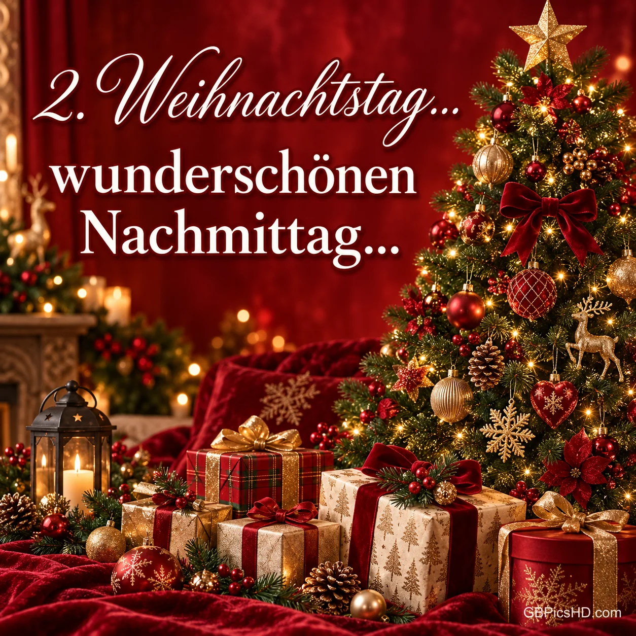 Leuchtender Weihnachtsbaum mit goldenem Stern, Geschenke und Laterne vor rotem Samt, dazu ein geschwungener Nachmittagsgruß zum zweiten Weihnachtstag
