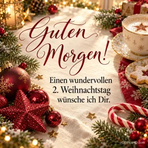 Cremefarbener Tisch mit Kaffeetasse, Plätzchen, Zuckerstange, rotem Glitzerstern und Kugeln, dazu ein Guten-Morgen-Gruß zum zweiten Weihnachtstag