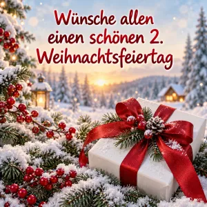 Weißes Geschenk mit roter Schleife und Beeren auf verschneiten Zweigen vor einer Winterlandschaft im Sonnenuntergang mit Hütte und Laterne