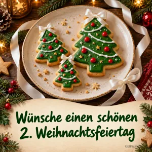 Teller mit grün glasierten Tannenbaum-Plätzchen, Zuckergussgirlanden und Schleifen auf festlichem Tisch, darunter ein Gruß zum zweiten Weihnachtsfeiertag