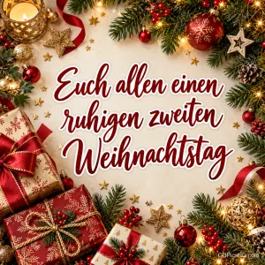 Rahmen aus Geschenken, Tannenzweigen, roten Kugeln, Sternen und Kerze um einen roten Schriftzug mit Wünschen für einen ruhigen zweiten Weihnachtstag