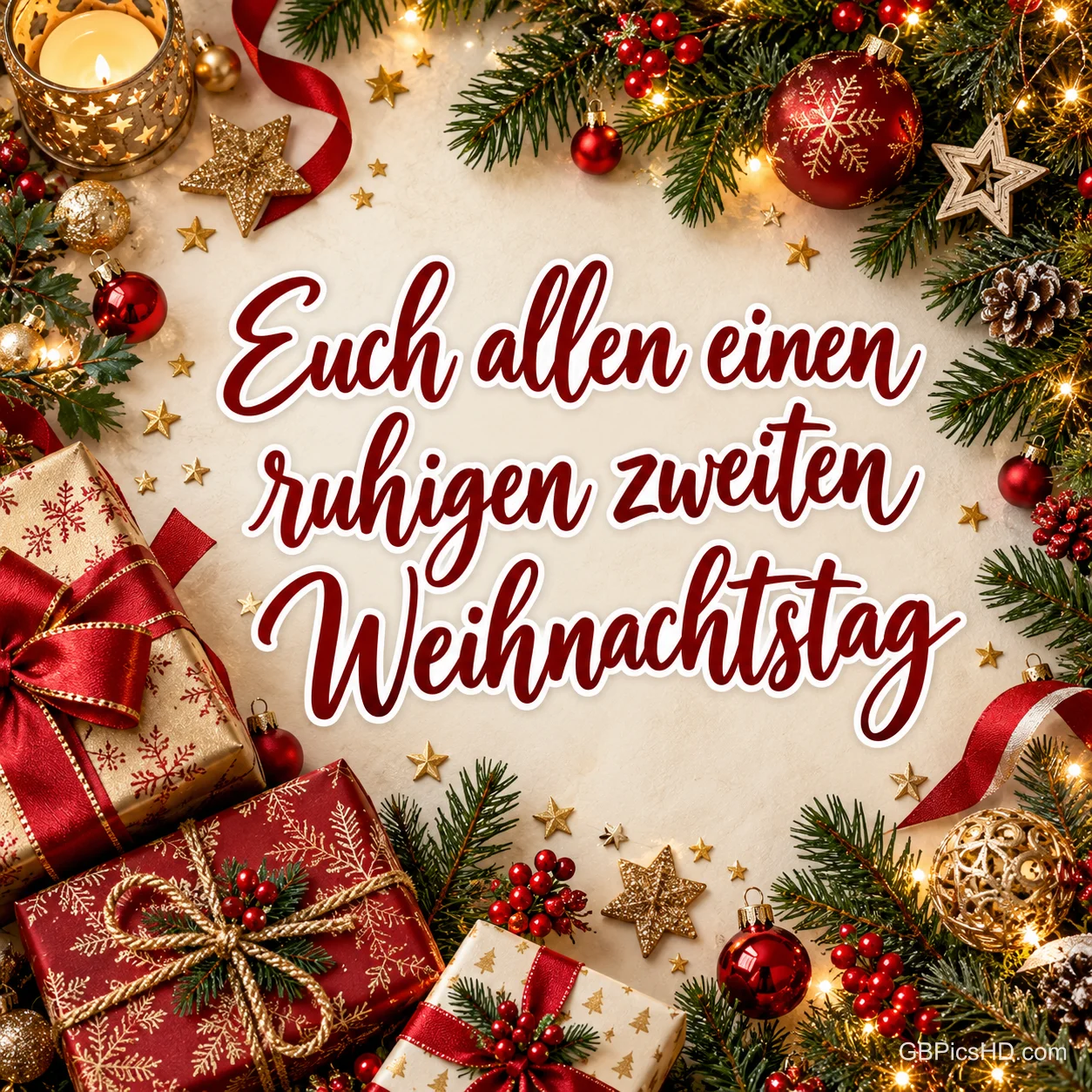 Rahmen aus Geschenken, Tannenzweigen, roten Kugeln, Sternen und Kerze um einen roten Schriftzug mit Wünschen für einen ruhigen zweiten Weihnachtstag