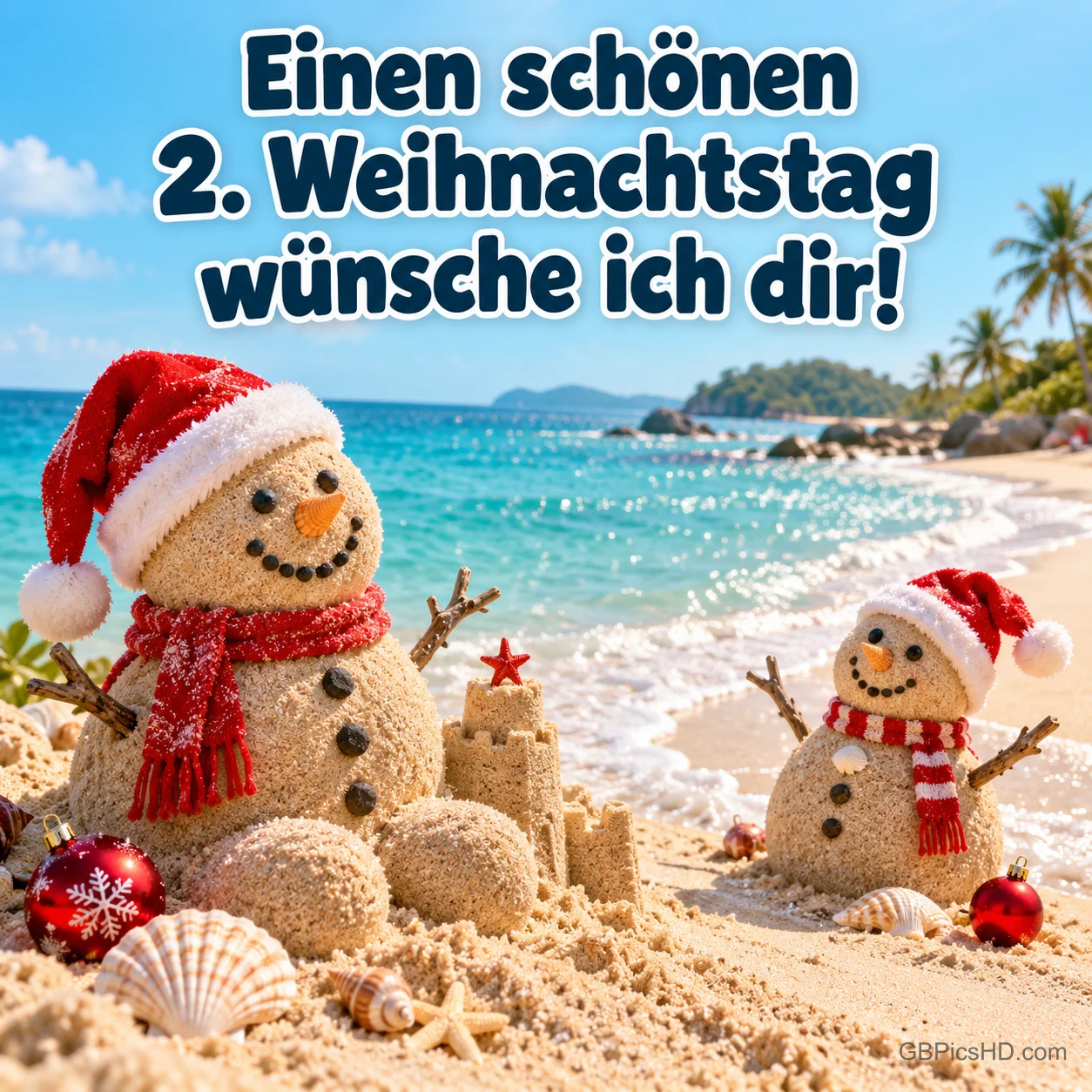 Zwei Sand-Schneemänner mit Weihnachtsmützen und roten Schals neben einer Sandburg am türkisblauen Meer, darüber "Einen schönen 2. Weihnachtstag wünsche ich dir!"