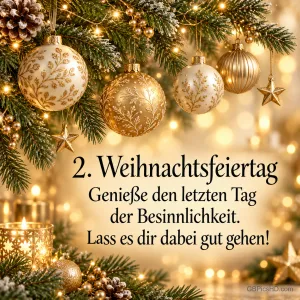 Goldene verzierte Christbaumkugeln und Sterne an Tannenzweigen mit warmem Lichterglanz, dazu der Text "2. Weihnachtsfeiertag – Genieße den letzten Tag der Besinnlichkeit"