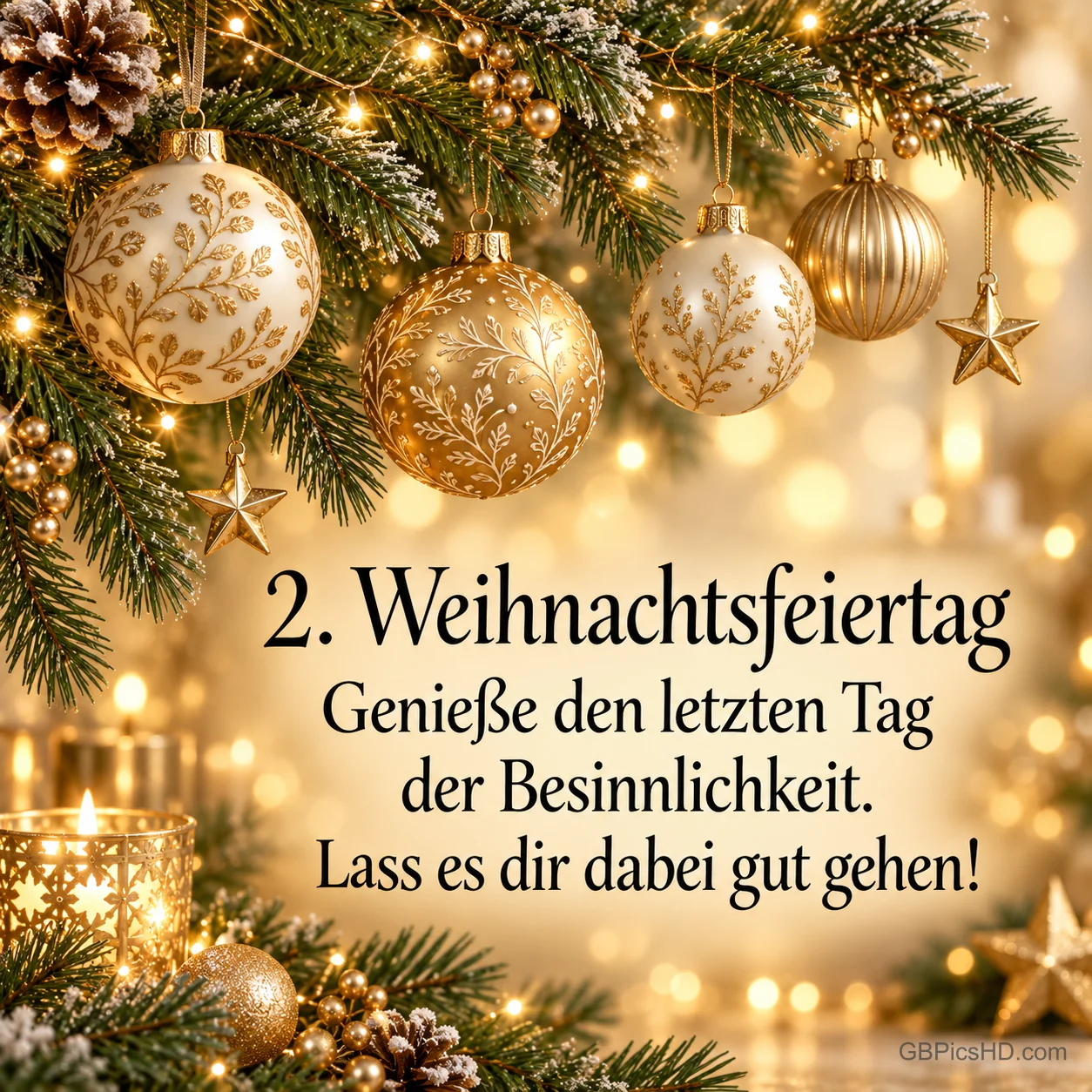Goldene verzierte Christbaumkugeln und Sterne an Tannenzweigen mit warmem Lichterglanz, dazu der Text "2. Weihnachtsfeiertag – Genieße den letzten Tag der Besinnlichkeit"