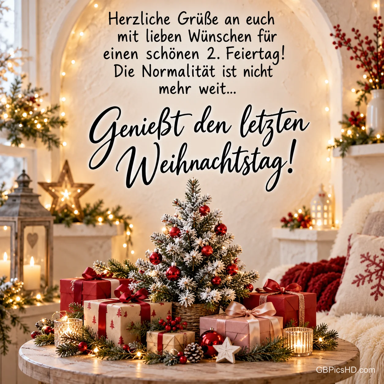 Weihnachtsbaum mit roten Kugeln auf einem Holztisch, umgeben von Geschenken, Laterne und Kerzen in einem hellen Raum, dazu herzliche Grüße zum 2. Feiertag