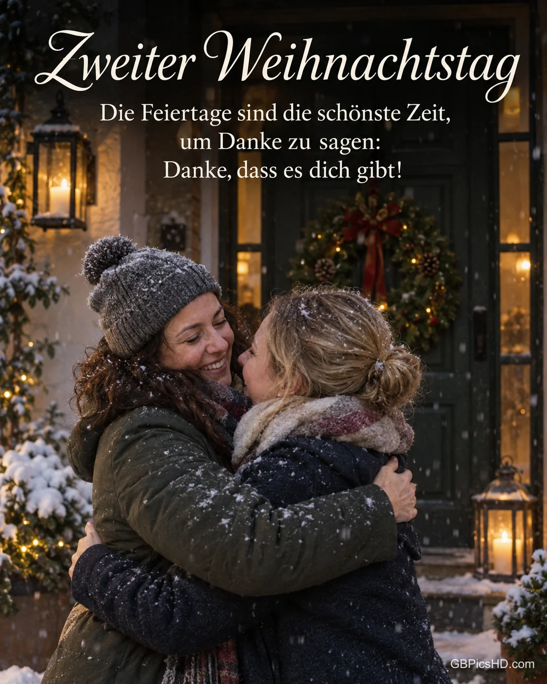 Zwei Freundinnen umarmen sich im Schnee vor einer weihnachtlich geschmückten Haustür, dazu "Zweiter Weihnachtstag". Zwei Freundinnen umarmen sich im Schnee vor einer weihnachtlich geschmückten Haustür, dazu "Zweiter Weihnachtstag".