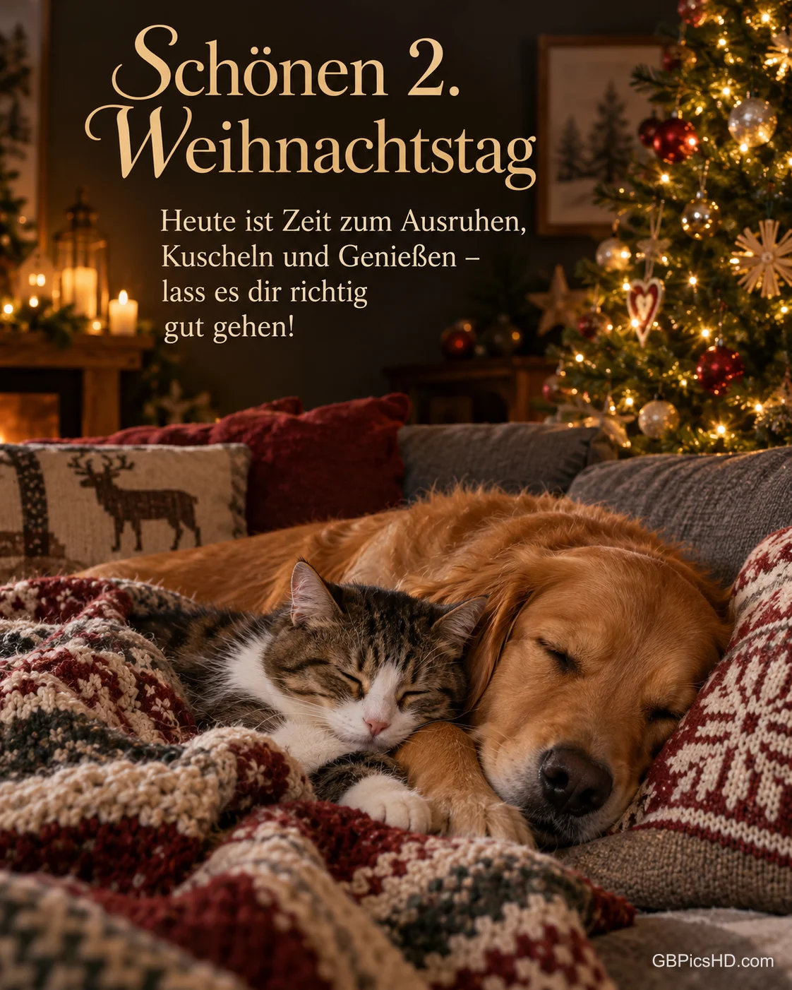 Eine Katze und ein Hund schlafen aneinandergekuschelt unter einer Strickdecke neben dem Weihnachtsbaum, dazu "Schönen 2. Weihnachtstag".
