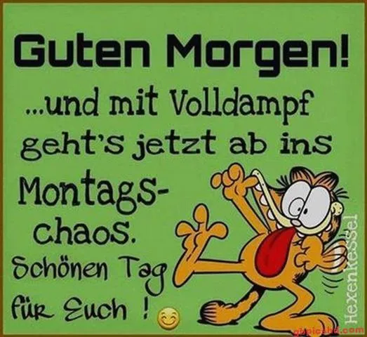 Eine cartoonartige Katze freut sich über den Montag, mit dem Text "Guten Morgen!"
