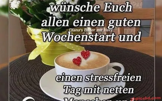 Tasse Kaffee mit Herzchen und Pflanzen, Text zum Wochenstart und stressfreiem Tag.