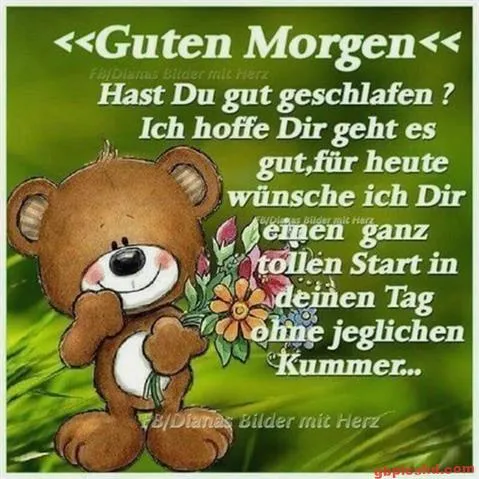 Brauner Bär mit Blumen, Text "Guten Morgen" und Glückswunsch für den Tag.