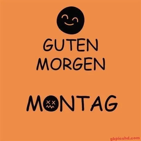 Ein Gesicht mit Lächeln über dem Text „Guten Morgen“ und „Montag“. Hintergrund orange.