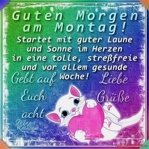 Ein süßes Kätzchen hält ein Herz, umringt von einem bunten Hintergrund und einem Morgengruß.