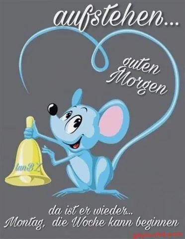 Graue Hintergrund mit einer blauen Maus, die eine Glocke hält und „Guten Morgen“ sagt.