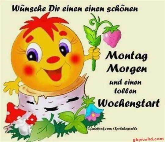 Ein fröhliches gelbes Gesicht mit Blume, wünscht einen guten Montagmorgen.