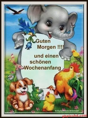 Elefant hält ein Schild mit "Guten Morgen" umgeben von Tieren und bunten Pflanzen.