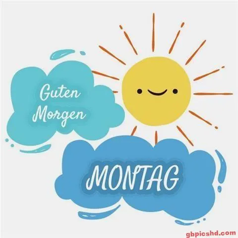 Eine Sonne über den Wörtern "Guten Morgen" und "Montag" in bunten Wolken.