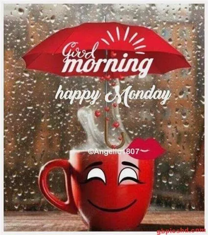 Eine rote Tasse mit einer Regenbogen-Illustration und Text über guten Morgen.