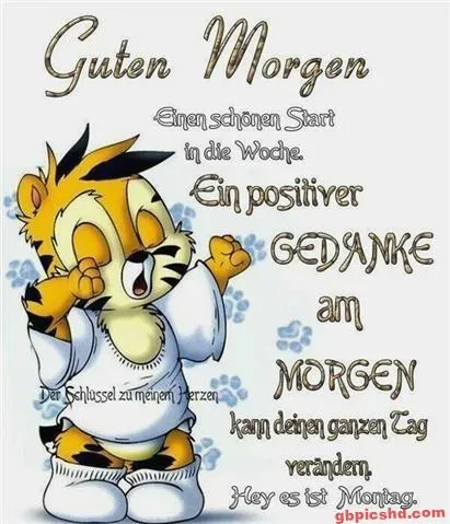 Ein niedlicher Tiger in Pyjama sagt Guten Morgen und ermutigt zu positiven Gedanken.