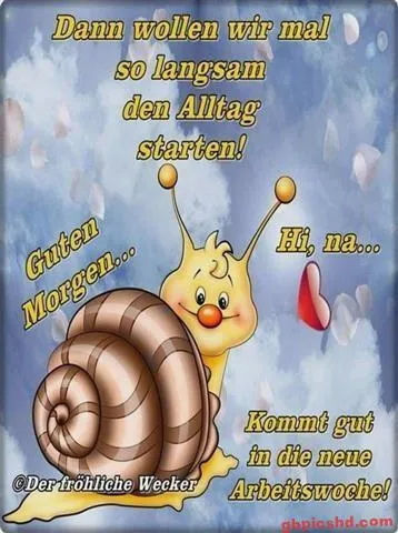 Eine fröhliche Schnecke mit Text über den Arbeitsstart in einer neuen Woche.